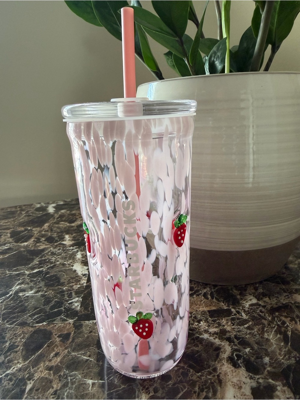 Starbucks Pink Strawberry Pattern Reusable Tumbler with Straw